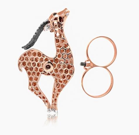 Black White Diamond Pave &amp; Antelope Deer 18K Rose Gold Statement Animal Ring