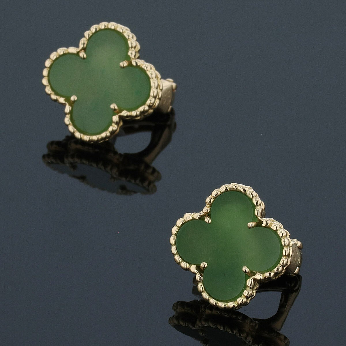 Van Cleef &amp; Arpels Vintage Alhambra Green Jade 18K Yellow Gold Earrings