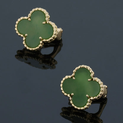 Van Cleef &amp; Arpels Vintage Alhambra Green Jade 18K Yellow Gold Earrings