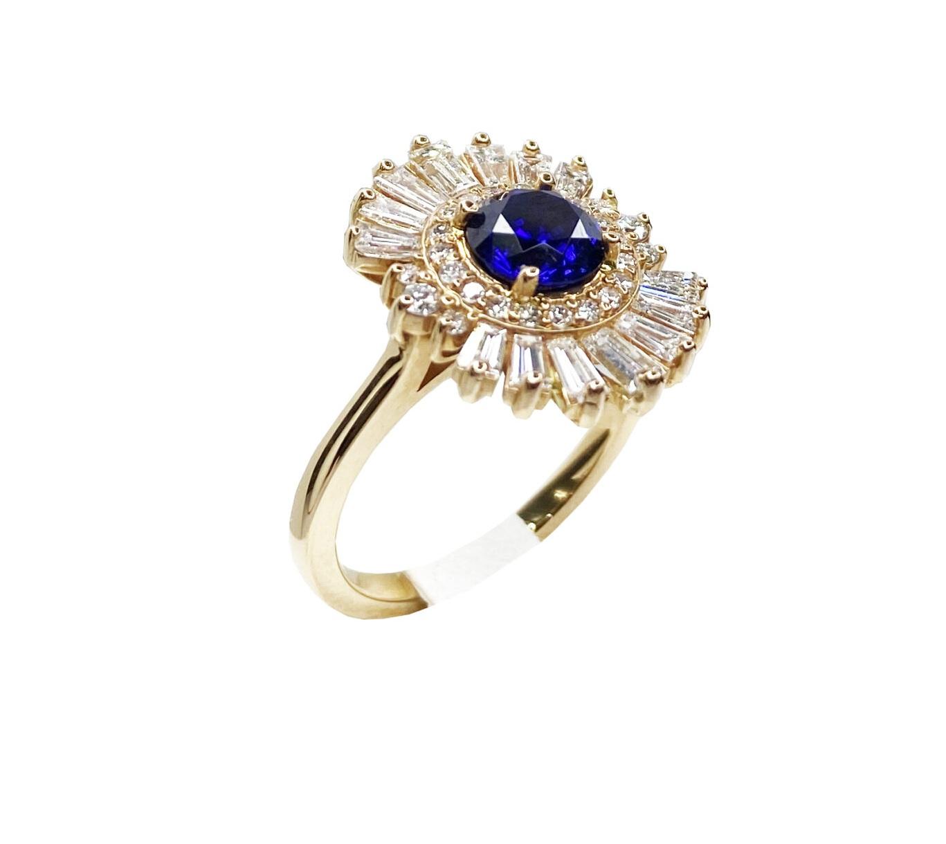 art deco style blue round sapphire baguette diamond halo 18k rose gold ring