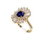 Art Deco Style Blue Round Sapphire Baguette Diamond Halo 18k Rose Gold Ring