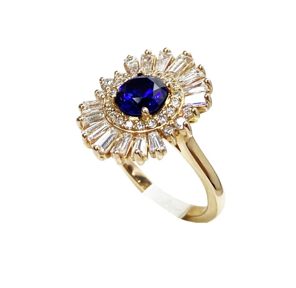 art deco style blue round sapphire baguette diamond halo 18k rose gold ring