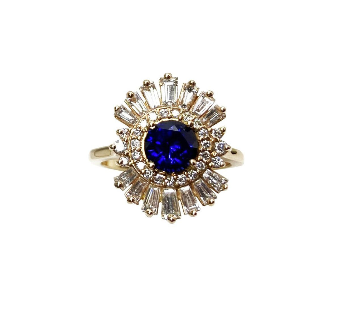 Art Deco Style Blue Round Sapphire Baguette Diamond Halo 18k Rose Gold Ring